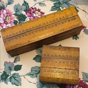 Vintage Wooden Storage Boxes with Measuring Tape Design